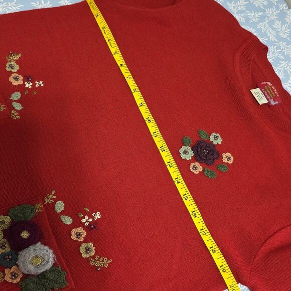 VTG Women Sz M Red Sweater 80s 90s Floral Beads Embroidered Wool Blend Crew Neck - Picture 8 of 11